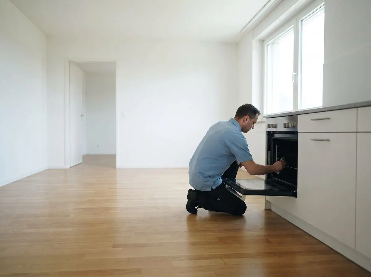 Leere, frisch gereinigte Wohnung vor der Übergabe, im Hintergrund reinigt eine Fachkraft den Backofen